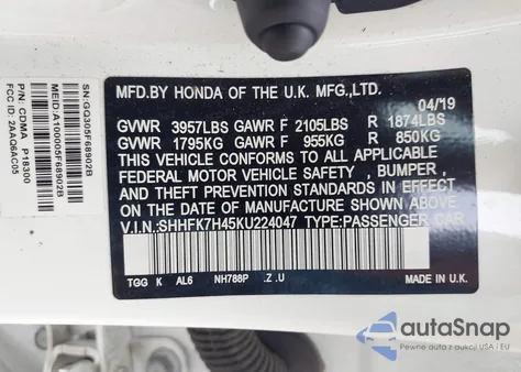 2019 Honda Civic Sport from USA, damaged, VIN SHHFK7H45KU224047